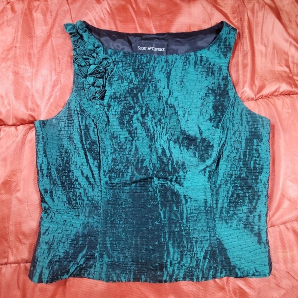 Scott McClintock Size 12 Teal Crinkle Satin Rosette Shoulder Sleeveless USA Made